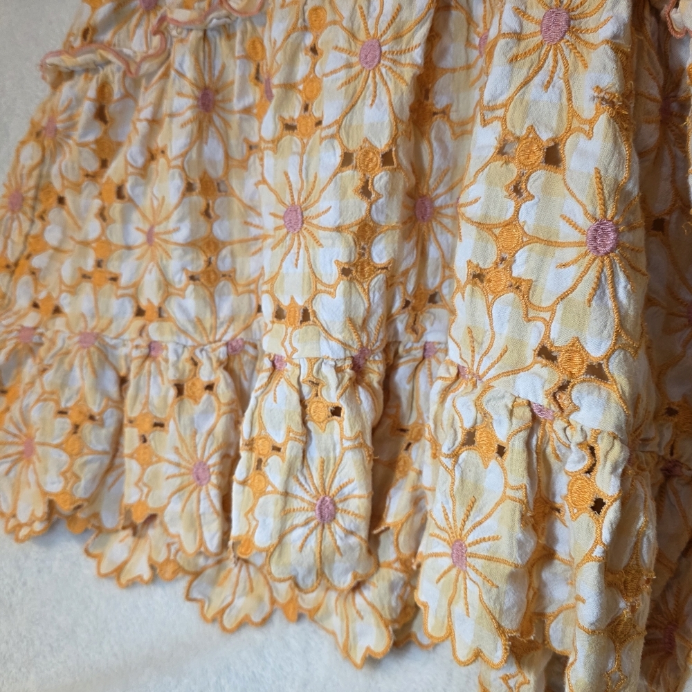 Anthropologie embroidered tank top yellow and pink floral with tiered ruffles L - Picture 3 of 6